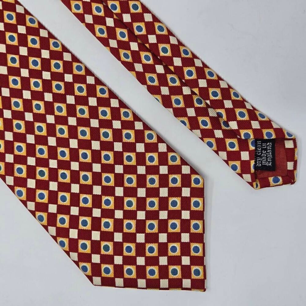 AQUASCUTUM OF LONDON SILK TIE RED WHITE GOLD CHECKERBOARD WOVEN LUXURY 4" X 58"